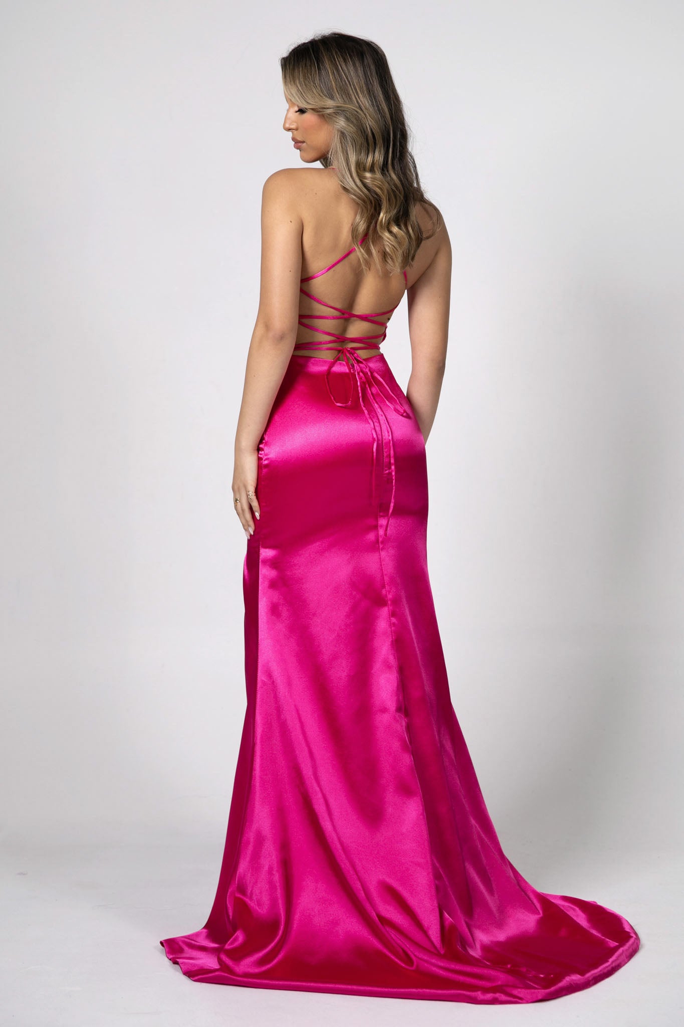 ELECTRA Lace Up Back Front Slit Satin Gown