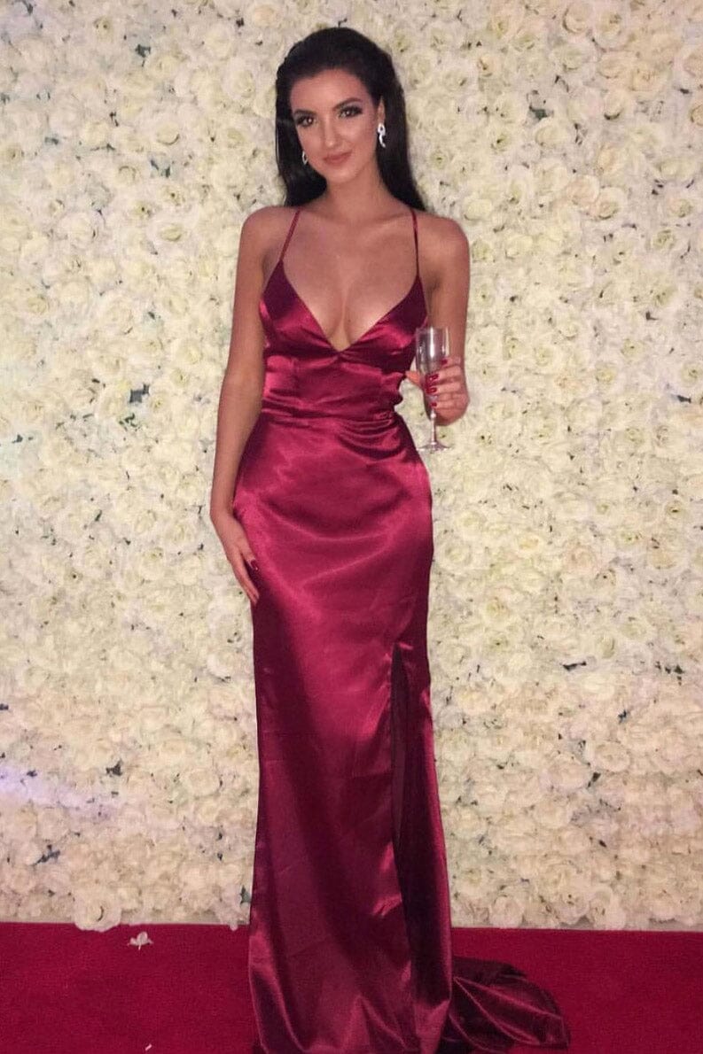 Noodz Boutique's customer wearing the Electra satin lace up back leg split formal gown