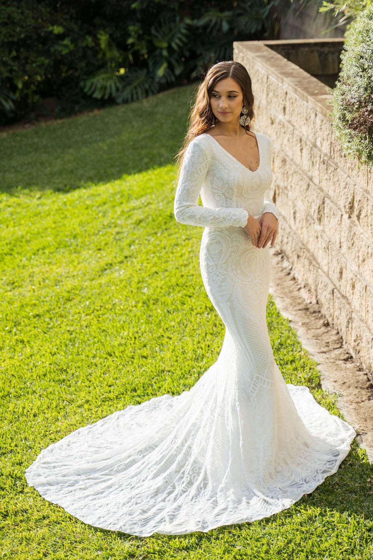 White Embroidered Pattern Sequin Fitted Floor Length Gown, Long Sleeves, Deep V Neck, Long Mermaid Train