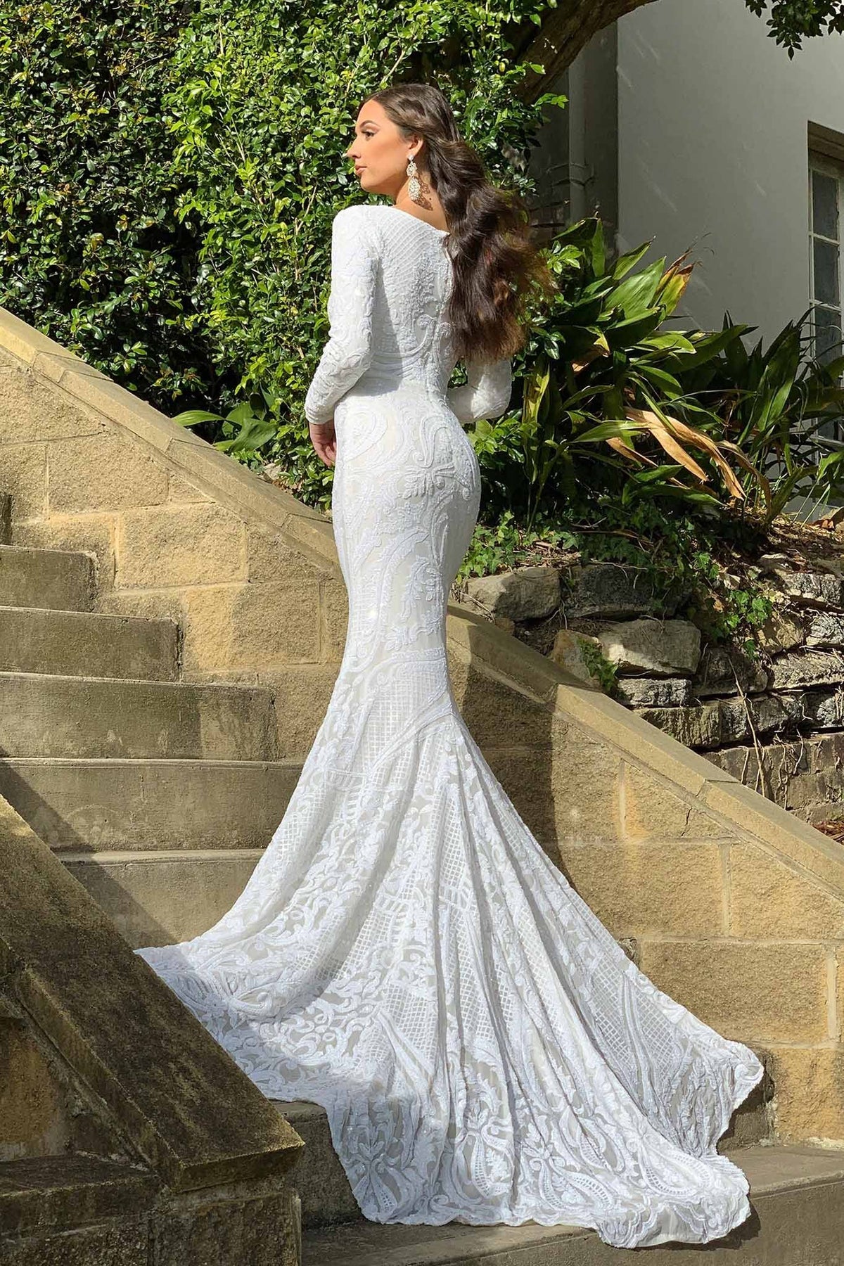 Elena Long-Sleeve Pattern Sequin Gown - White/White Noodz Boutique Elena Long-Sleeve Pattern Sequin Gown - White/White Noodz Boutique