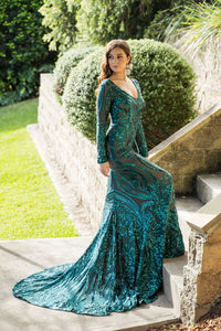 Emerald Green Embroidered Pattern Sequin Fitted Floor Length Gown, Long Sleeves, Deep V Neck, Long Mermaid Train