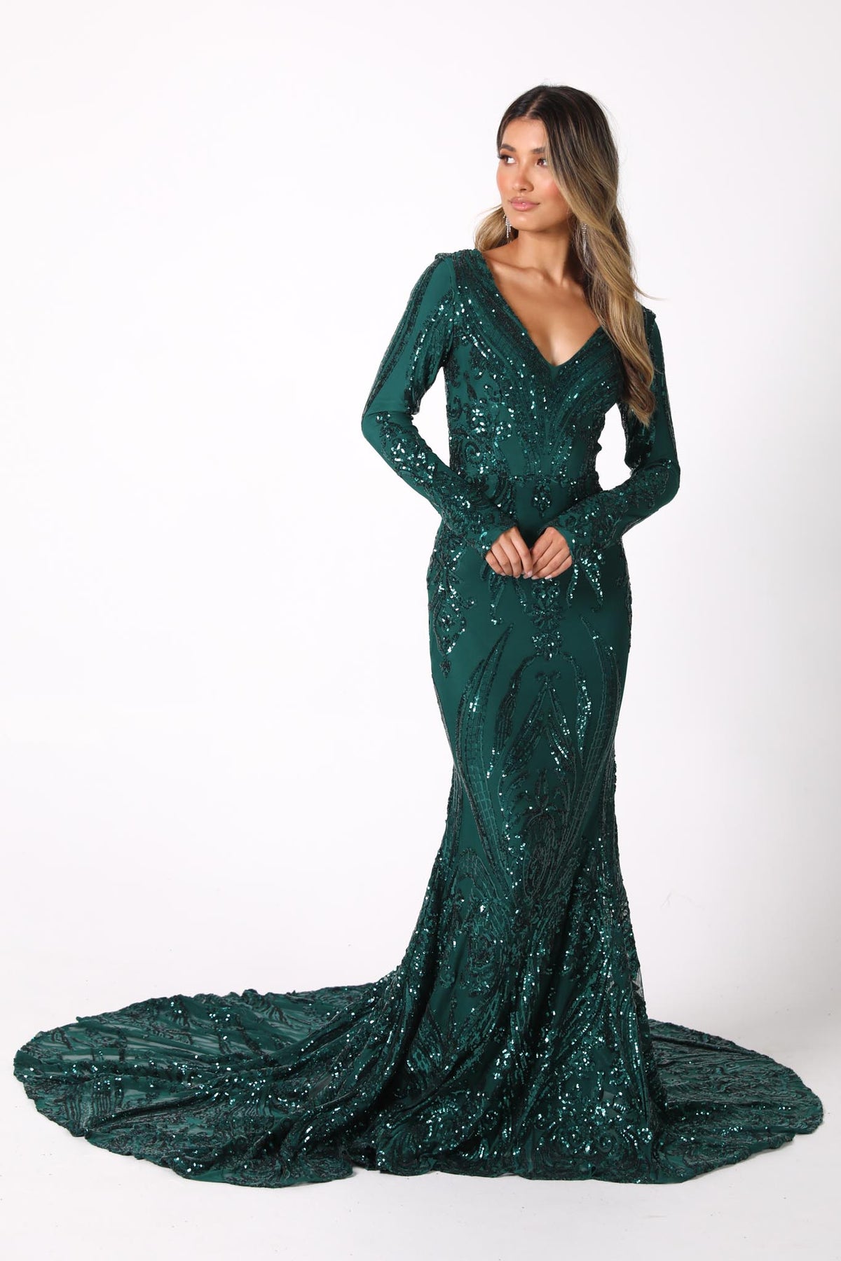 Elena Long-Sleeve Pattern Sequin Gown - Emerald Noodz Boutique Elena Long-Sleeve Pattern Sequin Gown - Emerald Noodz Boutique