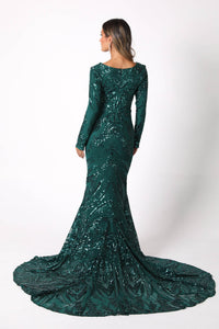 Elena Long-Sleeve Pattern Sequin Gown - Emerald