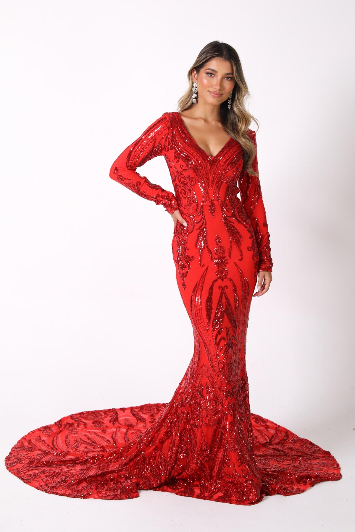 Red Majestic Pattern Sequin Fitted Floor Length Mermaid Gown with Long Sleeves, Deep V Neck and Sweep Train