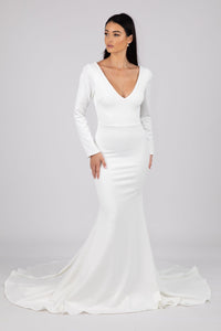 Ivory White Long Sleeve Fit and Flare Wedding Gown with V Neckline and V Open Back