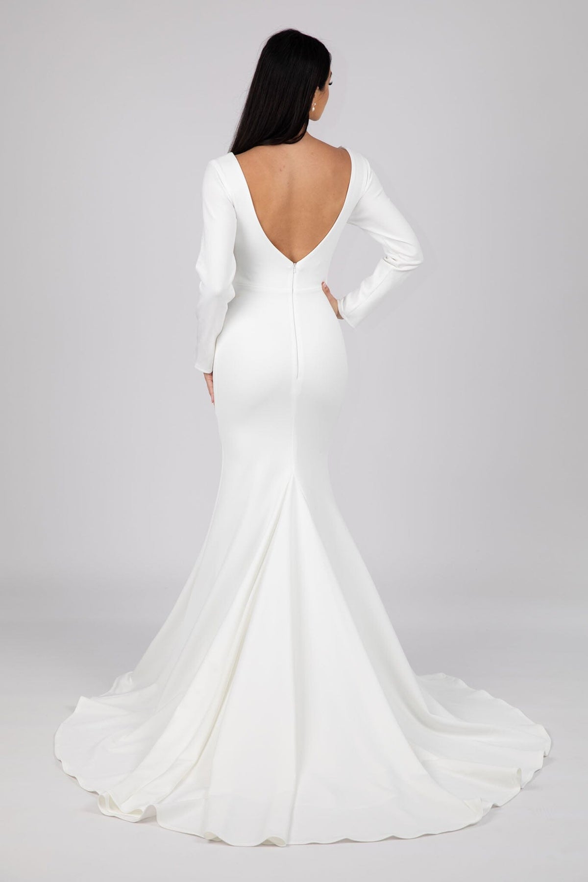 V Open Back Design of Ivory White Long Sleeve Fit and Flare Wedding Gown with V Neckline
