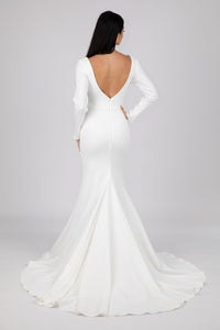 V Open Back Design of Ivory White Long Sleeve Fit and Flare Wedding Gown with V Neckline