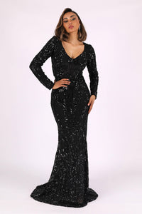 Black Sequin Floor Length Evening Gown with Long Sleeves, V Neckline and Fit & Flare Silhouette