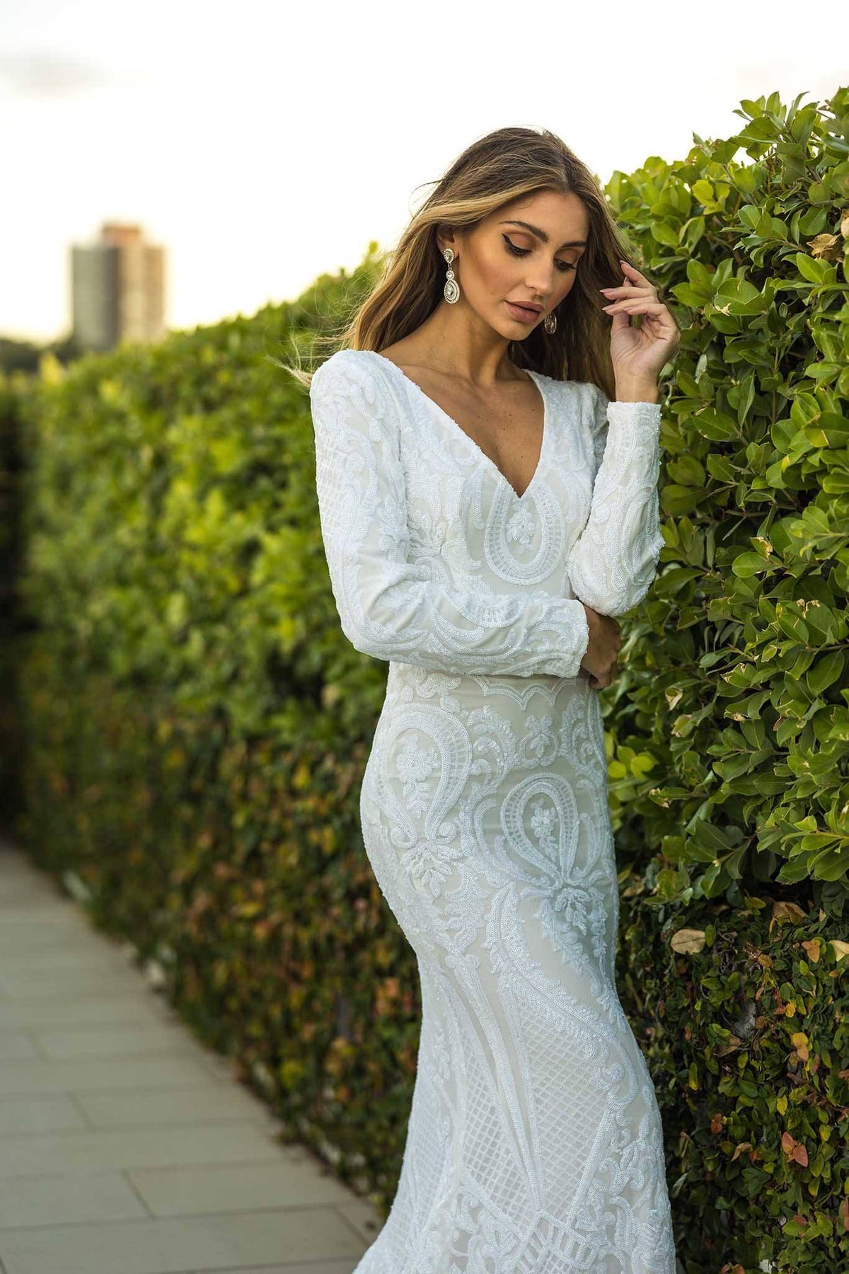 Elena Long-Sleeve Pattern Sequin Gown - White/White Noodz Boutique Elena Long-Sleeve Pattern Sequin Gown - White/White Noodz Boutique
