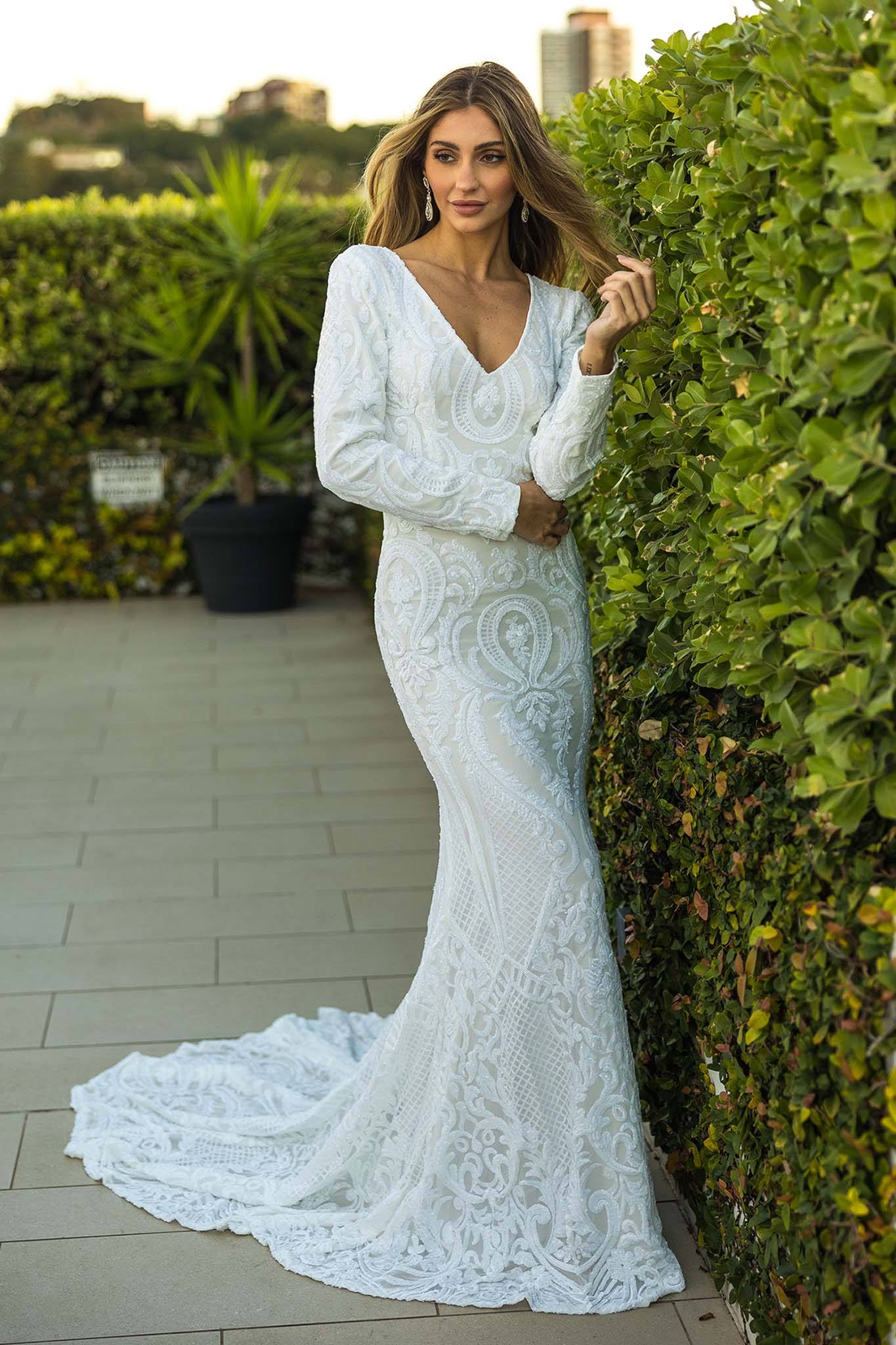 Elena Long-Sleeve Pattern Sequin Gown White/White XS