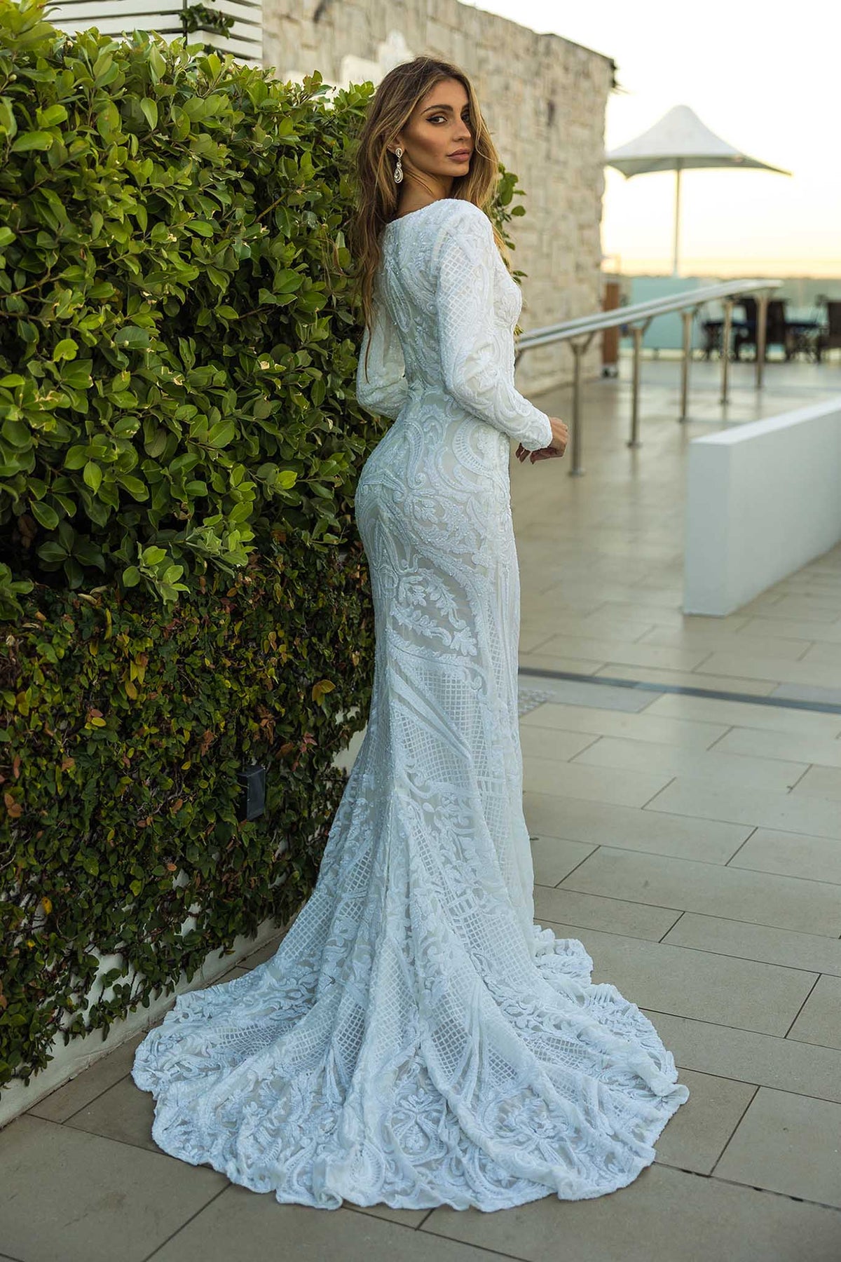 White Embroidered Pattern Sequin Fitted Full Length Evening Bridal Gown, Long Sleeves, Deep V Neck, Long Mermaid Train