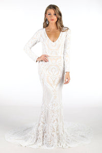 White Embroidered Pattern Sequin Fitted Floor Length Gown with Nude Lining, Long Sleeves, Deep V Neck, Long Mermaid Train