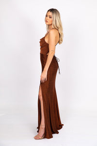 Side Split of Shimmer Copper Burnt Orange Coloured Fitted Full Length Evening Gown with Cowl Neckline, Thin Shoulder Straps and Lace Up Open Back Design