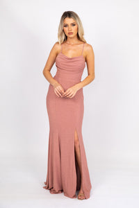 Shimmer Pink Fitted Full Length Evening Gown with Cowl Neckline, Thin Shoulder Straps, Lace Up Open Back and Side Split