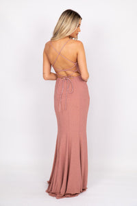 Lace Up Open Back Design of Shimmer Pink Fitted Full Length Evening Gown with Cowl Neckline, Thin Shoulder Straps and Side Split