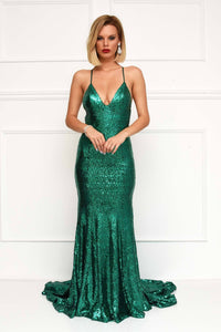 V plunging neckline of emerald green sparkly sequin formal long evening gown spaghetti straps backless design