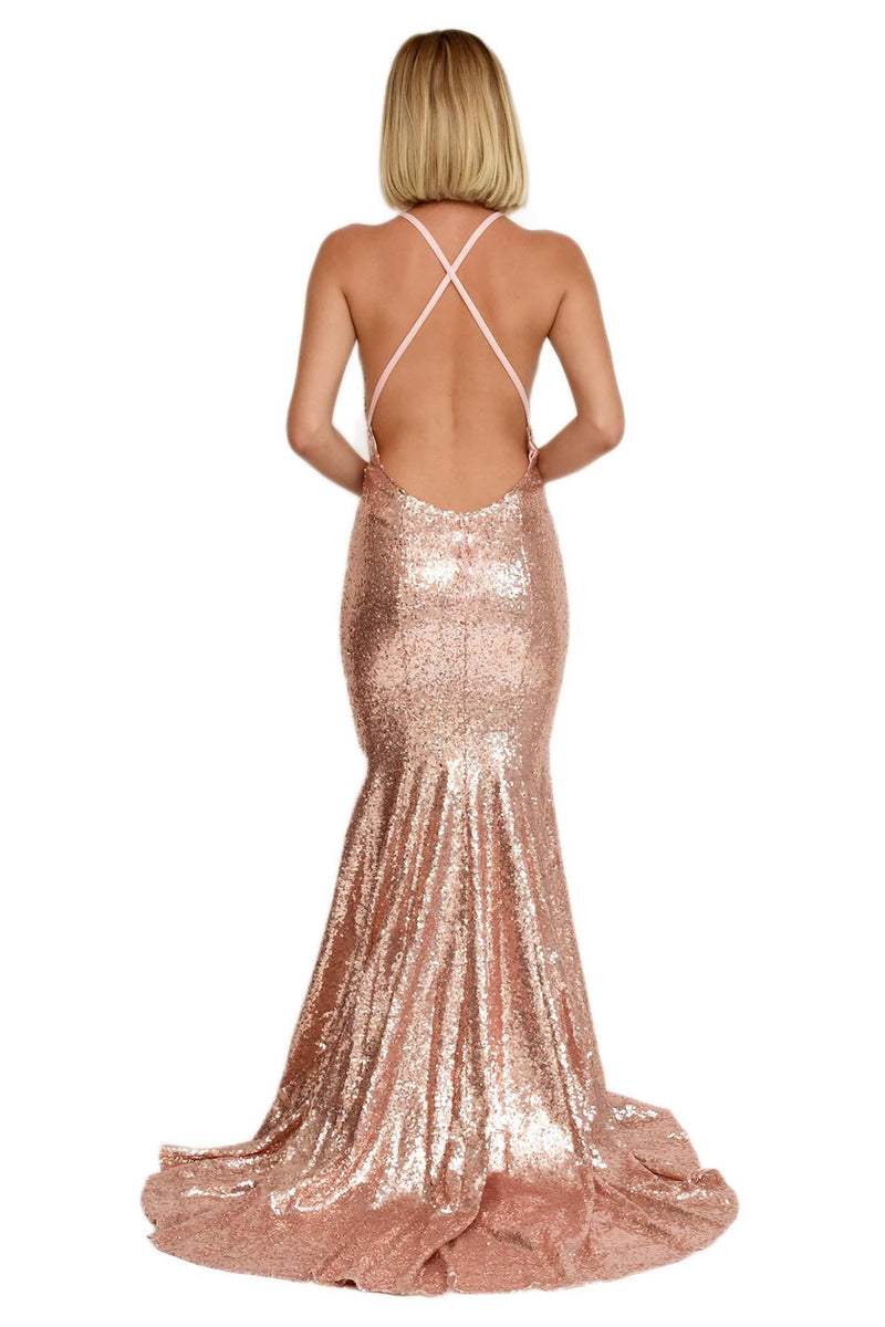 Back of rose gold sequin formal floor-length evening gown lowcut deep v neck spaghetti straps long train