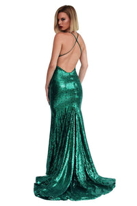 Crisscross straps on open back design of emerald green sleeveless sequin long evening gown with deep V neckline, crisscross back straps on V open back, and long train