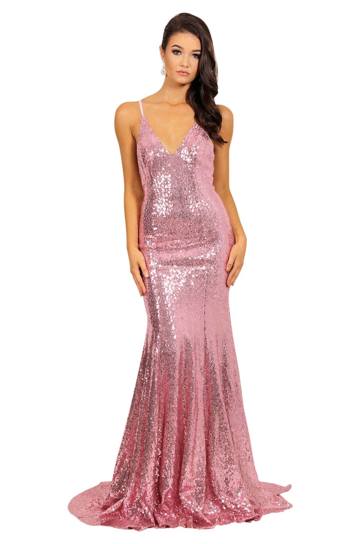 Bright hot pink sequin sleeveless long evening gown with deep V neckline, crisscross back straps, V open back, and long train