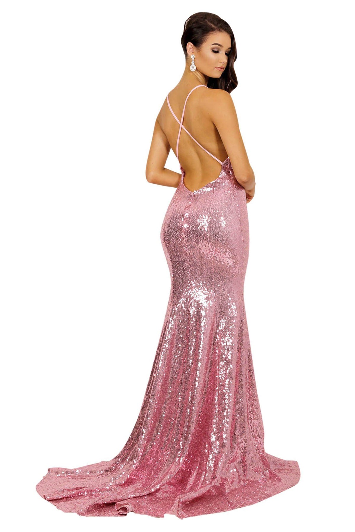 Crisscross straps on open back design of bright hot pink sequin sleeveless long evening gown with deep V neckline, crisscross back straps, V open back, and long train