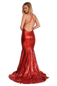 Crisscross straps on open back design of red sequin sleeveless long evening gown with deep V neckline, crisscross back straps, V open back, and long train