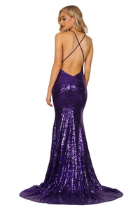 Crisscross straps on open back design of violet purple sequin sleeveless long evening gown with deep V neckline, crisscross back straps, V open back, and long train