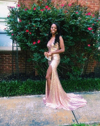 Estellina sequin gown in rose gold by Noodz Boutique worn by customer