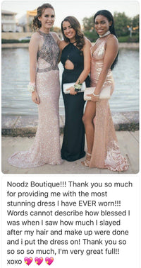 Customer's photo and testimonial for Rose Gold Estellina sequin gown by Noodz Boutique