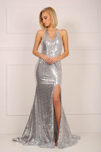 Silver Sequinned Formal Mermaid Gown with Front Leg Slit