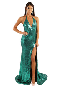 Emerald green sequin sleeveless evening long gown with deep V neckline, thigh-high slit, halter-neck strings, open back, and long train