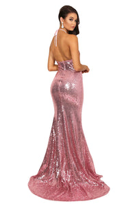 Halter-neck open back design of bright pink sequin sleeveless evening long gown with deep V neckline, thigh-high slit, halter-neck strings, open back, and long train