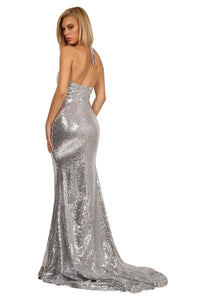 Halter-neck open back design of silver sequin sleeveless evening long gown with deep V neckline, thigh-high slit, halter-neck strings, open back, and long train