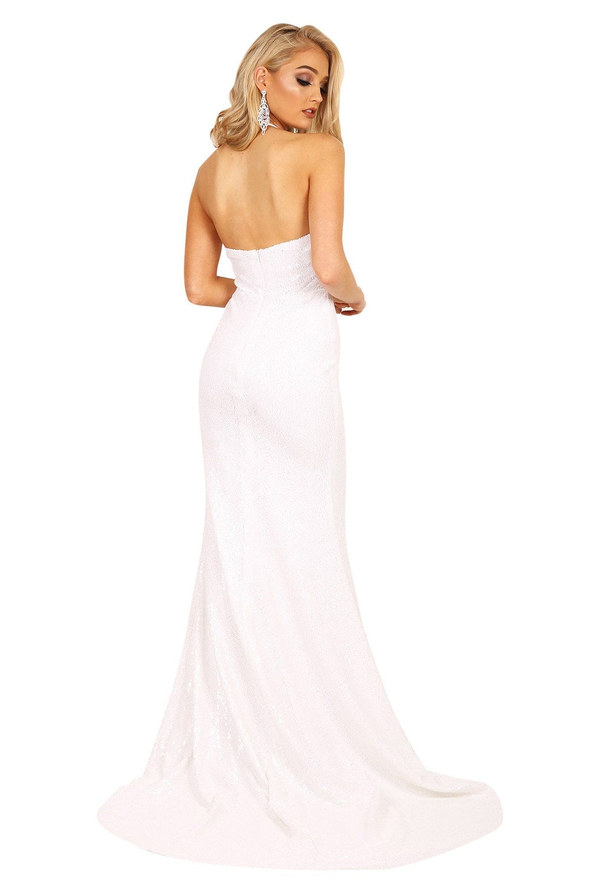 Halter-neck open back design of white sequin sleeveless evening long gown with deep V neckline, thigh-high slit, halter-neck strings, open back, and long train