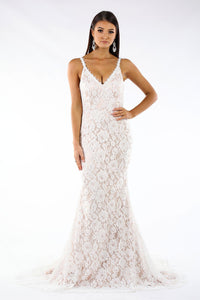 White sleeveless lace fitted maxi formal wedding dress V neck, lace trim shoulder straps, V backless, long train