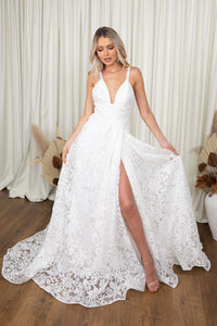 White Floral Lace A-line Wedding Gown with V Neckline, Open Back and Thigh High Side Split
