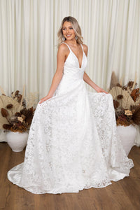 White Floral Lace A-line Wedding Gown with V Neckline, Open Back and Thigh High Side Split