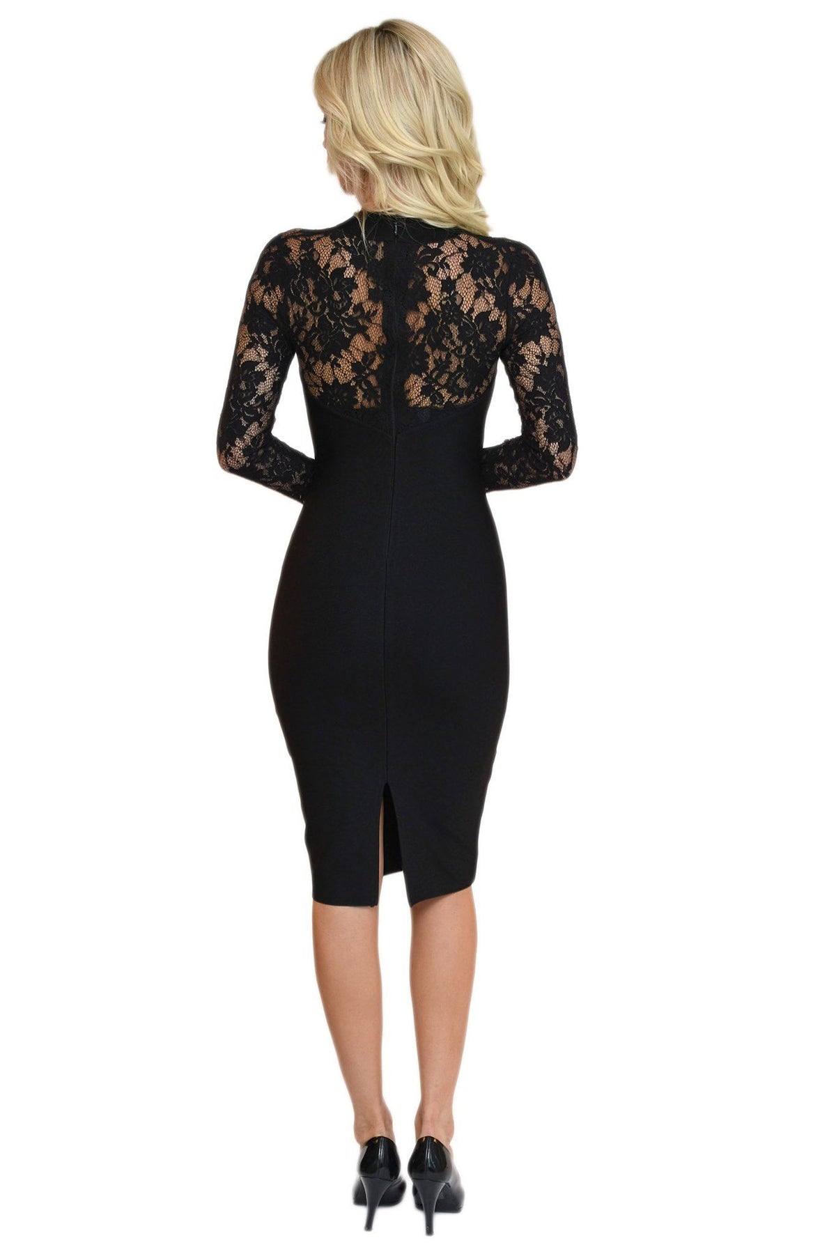 Back of black midi bodycon long sleeve bandage dress featuring sweetheart neck, lace sleeves, turtleneck and sheer lace details at the back