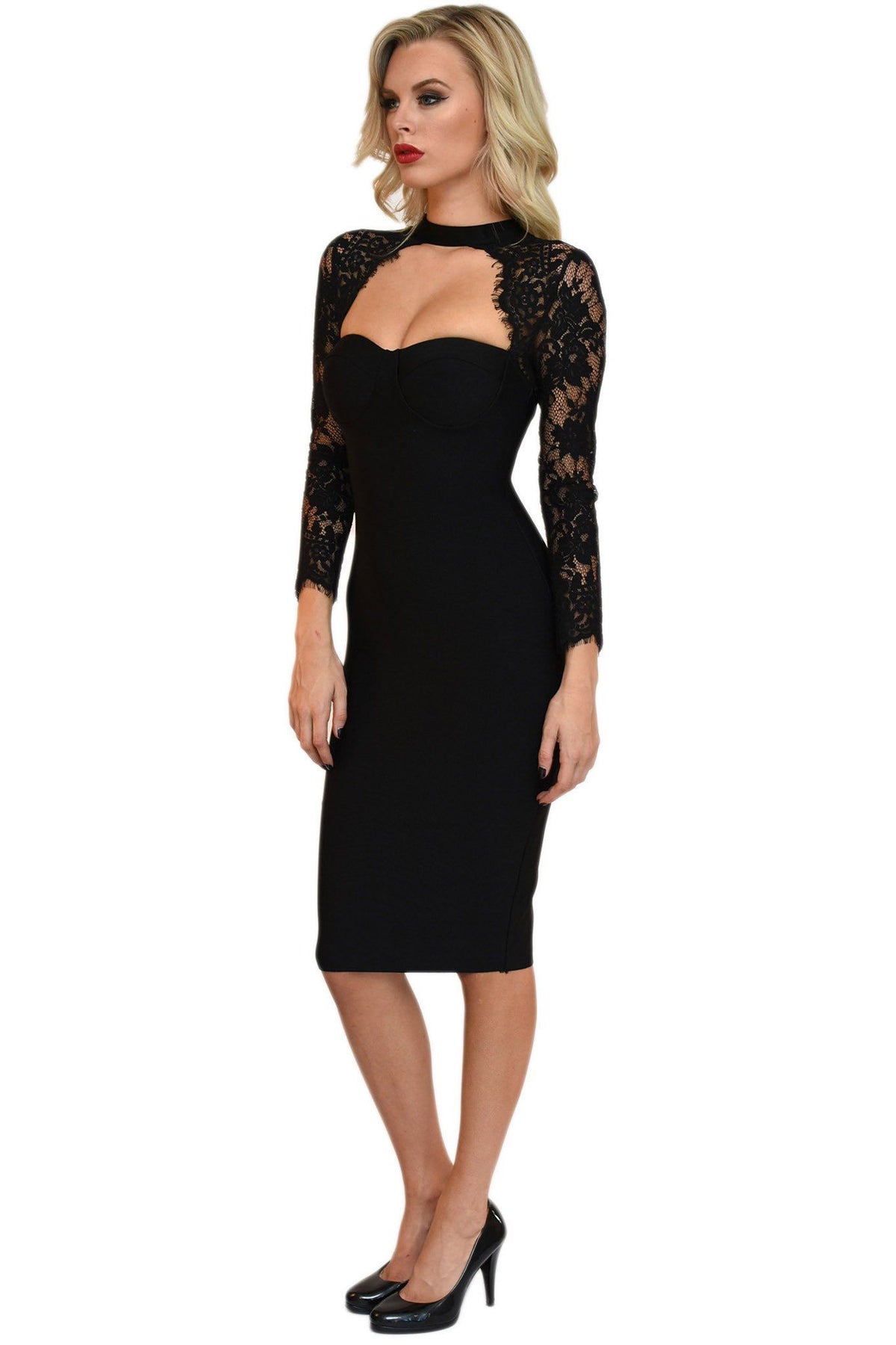 Side image of black lace long-sleeve midi-length bandage dress with sweetheart choker neckline, scalloped eyelash lace details, sheer lace sleeves and back
