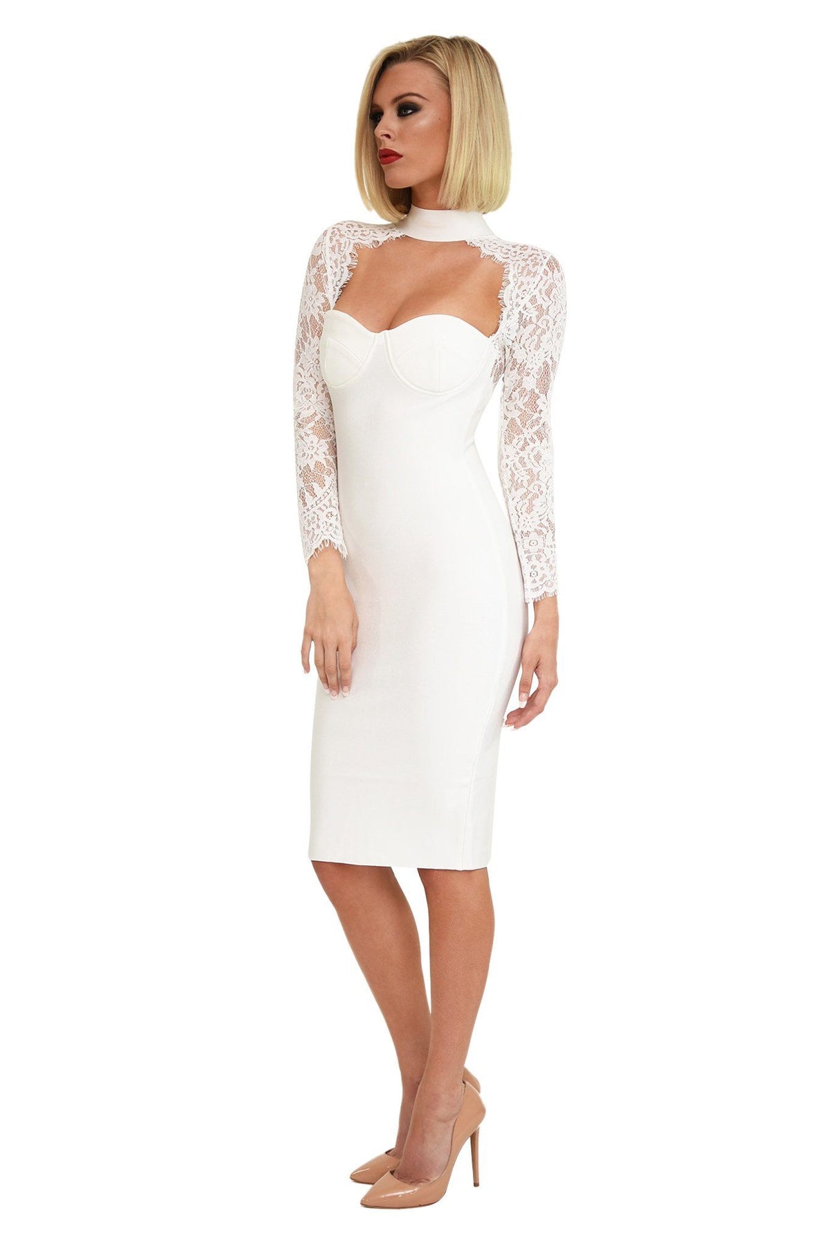 Side image of white lace long-sleeve midi-length bandage dress with sweetheart choker neckline, scalloped eyelash lace details, sheer lace sleeves and back