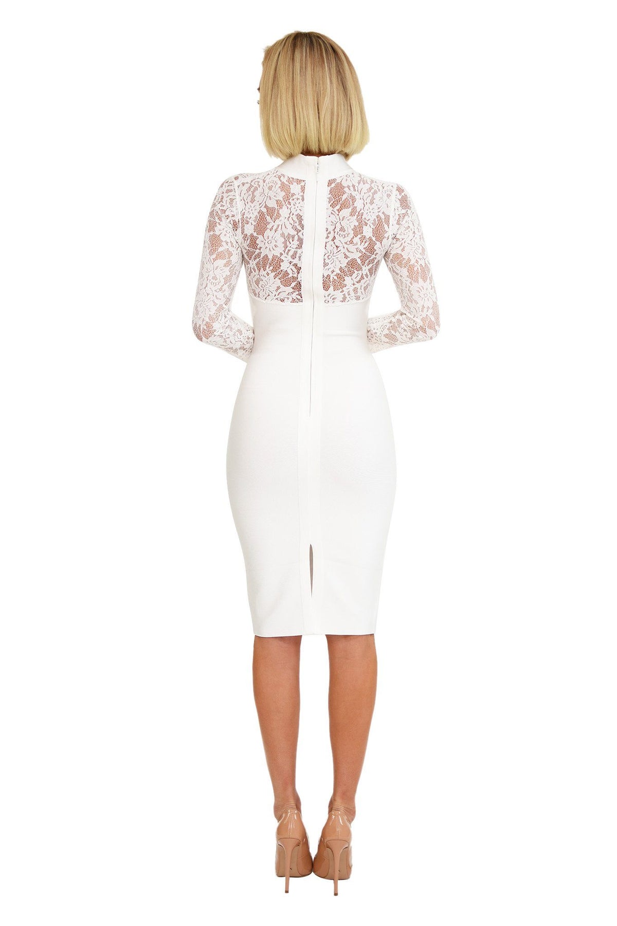 Sheer lace back design with a slit of white lace long-sleeve midi-length bandage dress