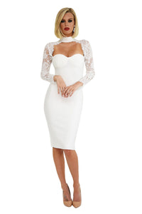White lace long-sleeve midi-length bandage dress with sweetheart choker neckline, scalloped eyelash lace details, sheer lace sleeves and back