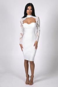 White Sheer Lace Long Sleeve Midi Bandage Dress