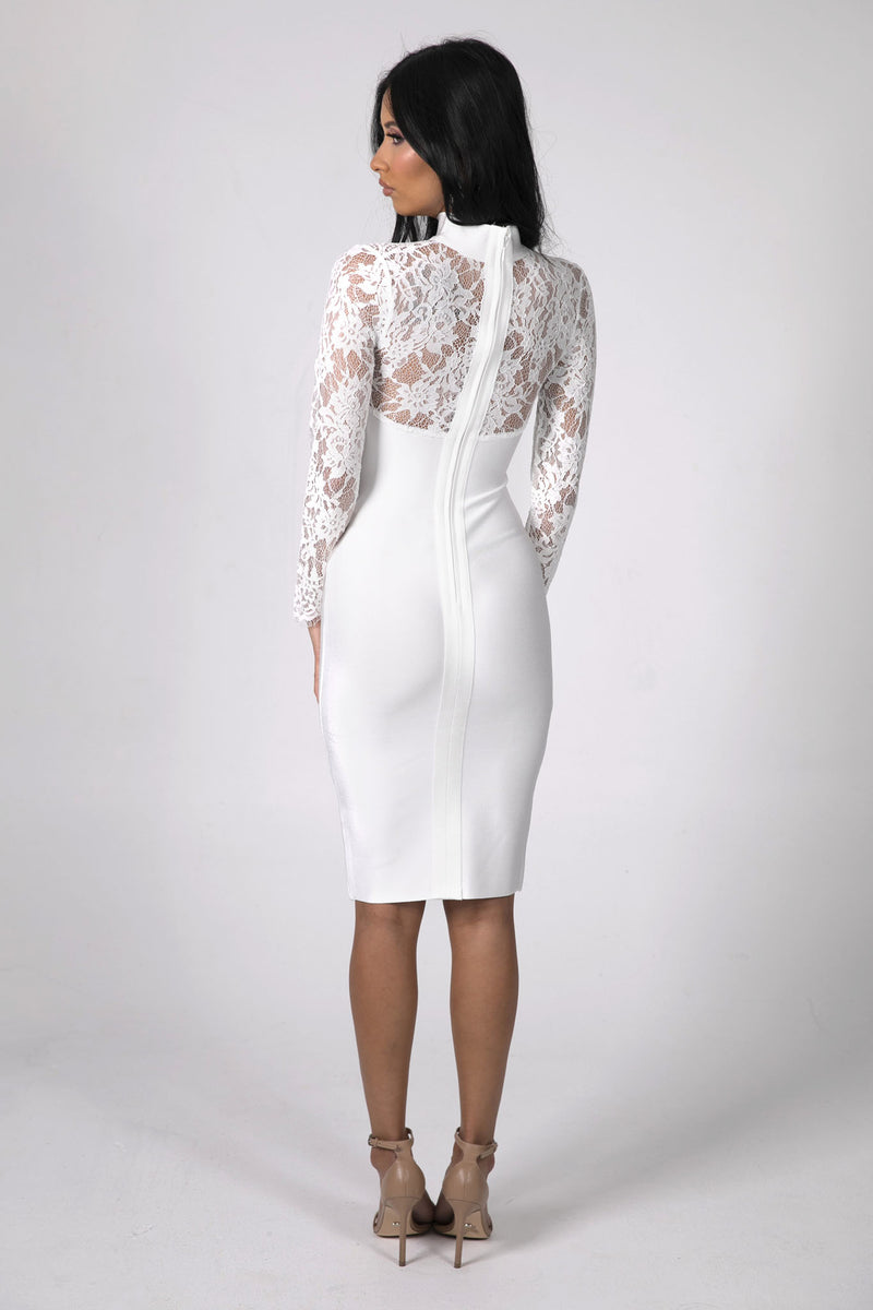 Back Image of White Sheer Lace Long Sleeve Midi Bandage Dress