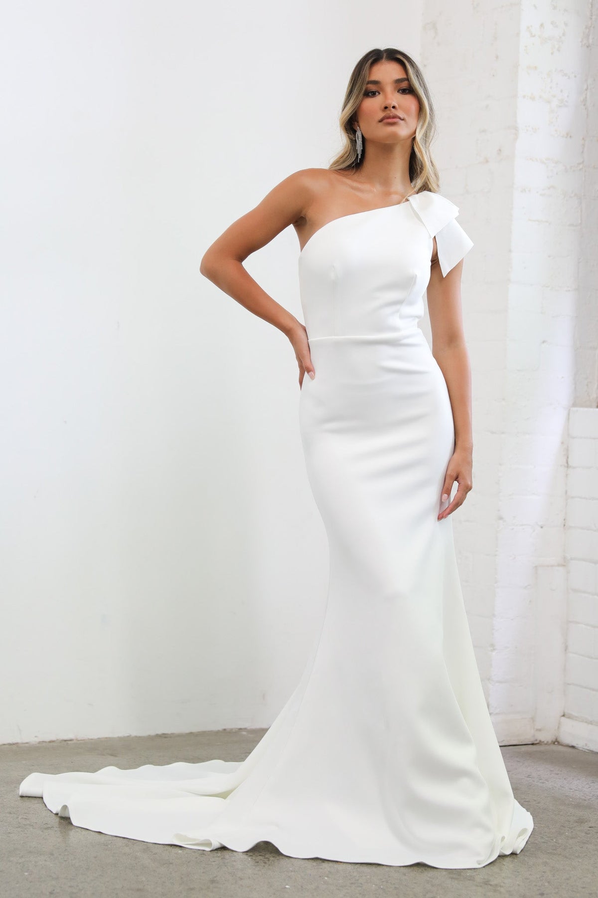 Ivory White One Shoulder Fit & Flare Wedding Gown with Ruffle Detail