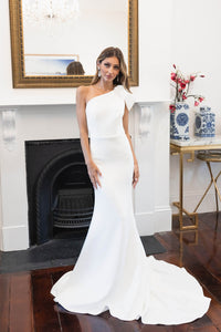 Ivory White One Shoulder Fit & Flare Wedding Gown with Ruffle Detail