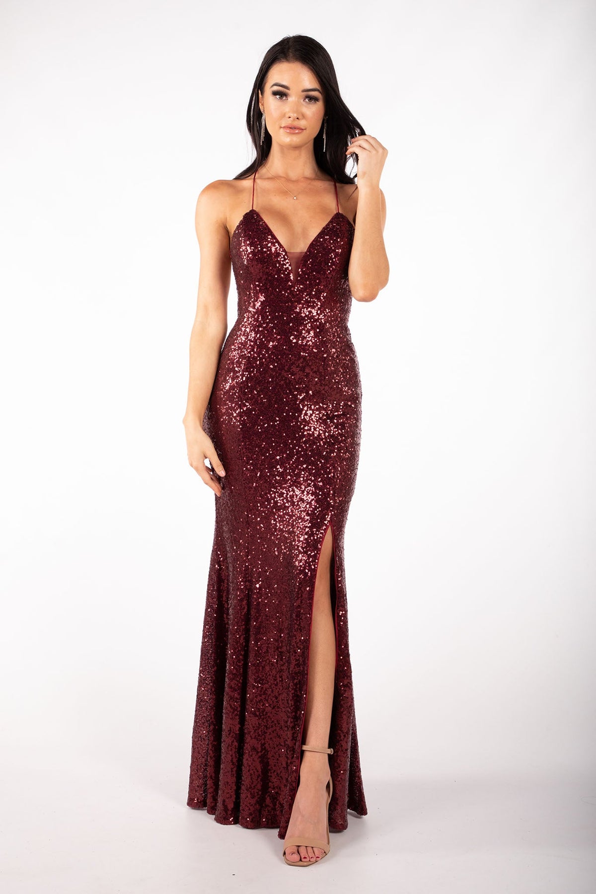Burgundy Sequin Maxi Evening Gown featuring V Neckline with Mesh Insert, Side Split, Lace Up Open Back and No Train
