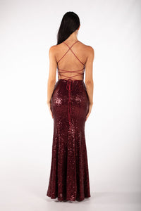 Lace Up Open Back Design of Burgundy Sequin Maxi Evening Gown featuring V Neckline with Mesh Insert, Side Split and No Train