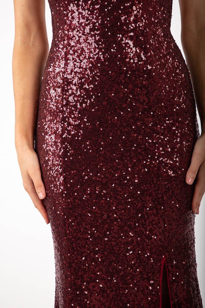 Fresia Lace Up Sequin Gown - Burgundy