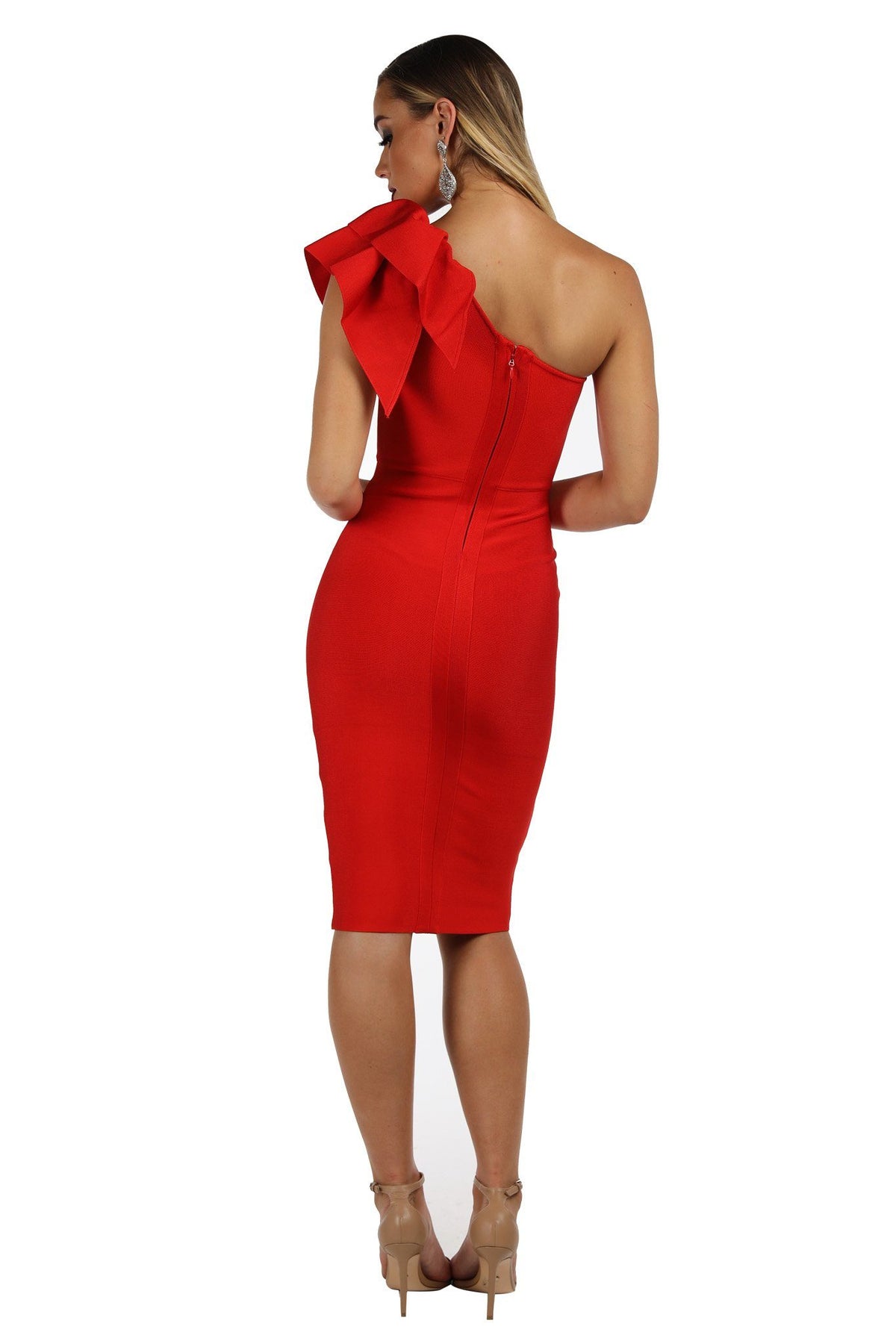 Freya One Shoulder Ruffle Dress - Red (XS - Clearance Sale)