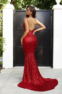 Red Sequin Fitted Full Length Mermaid Gown with Deep V-Neckline, Spaghetti Straps, Open Back and Sweep Train by Designer Portia & Scarlett